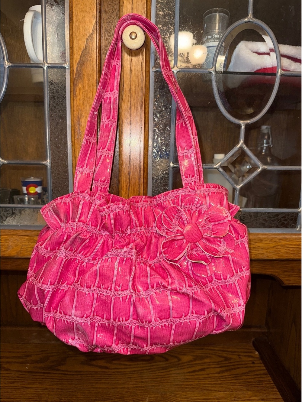 Y2K Pink Patent Croc Ruched Shoulder Bag Flower Barbiecore Coquette Purse